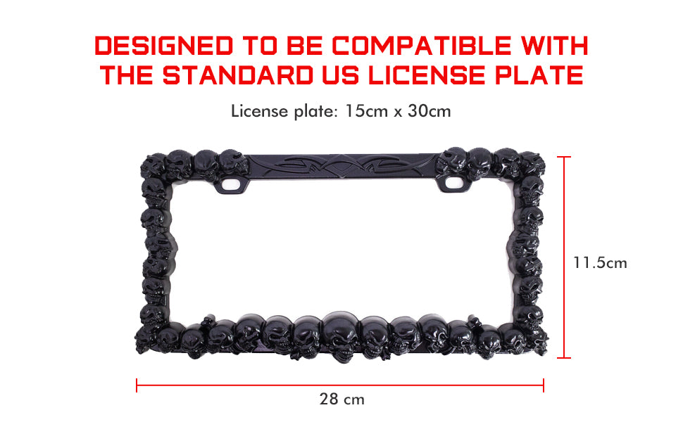 3D Custom Chrome Metal Aluminum Skull License Plate Frame USA Type Black