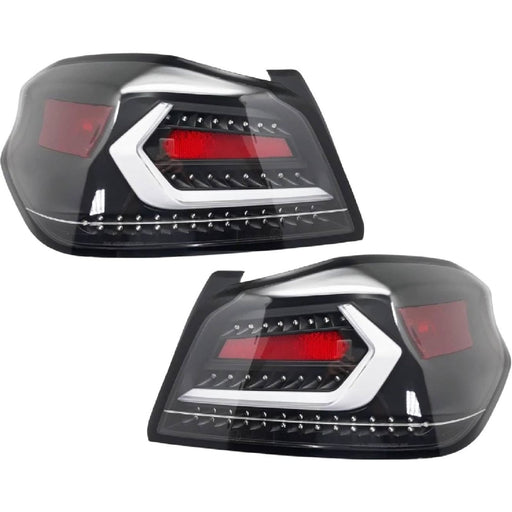 LED Tail Lights with Sequential Indicator (White Bar / Matte Black Housing) – For Subaru WRX / STI (2015–2021)