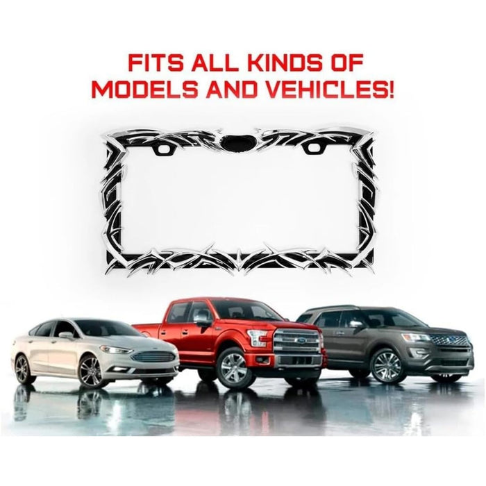 Tribal Flames Chrome License Plate Frame – 3D Metal US Size