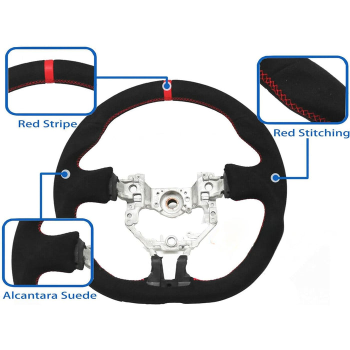 Suede Steering Wheel Compatible With 2012-2016 Subaru BRZ Scion FR-S GT86 Mk1 – Alcantara Red Stitching & Red Stripe