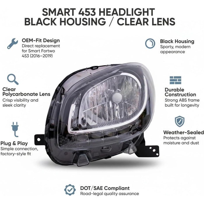 Assembly Headlight Lamp Clear Lens / Black Base – For Smart Fortwo 453 Mk3 (2014–2019)