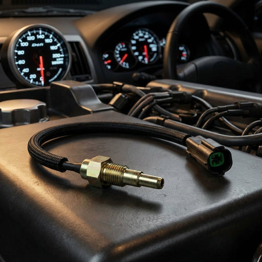 Sharp-focus image of the small temperature sensor against a blurred dashboard with gauges, under warm lighting.