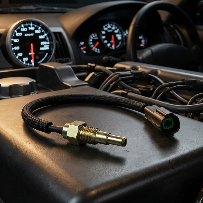 Sharp-focus image of the small temperature sensor against a blurred dashboard with gauges, under warm lighting.