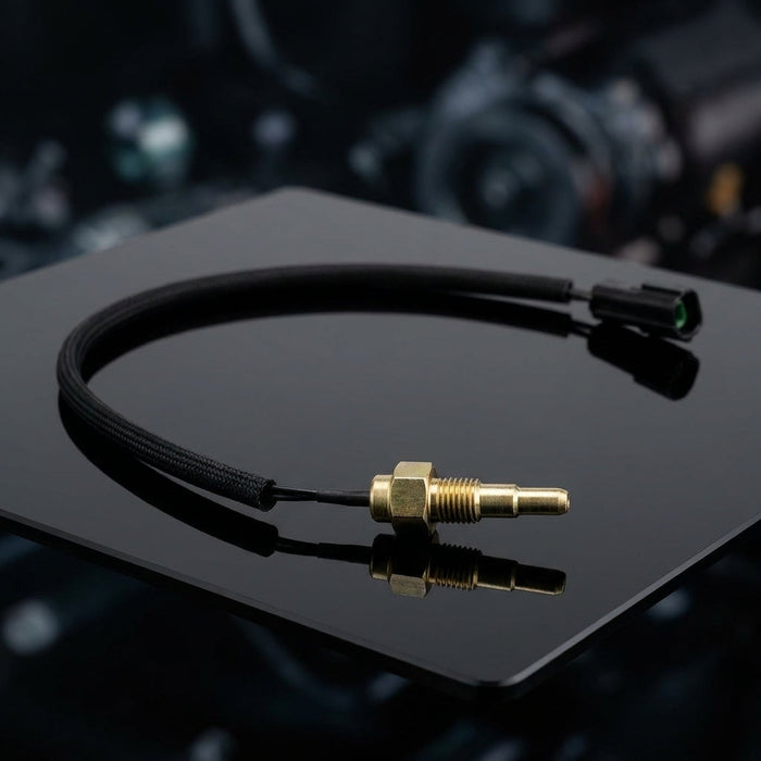 Detailed macro view of the small oil and water temperature sensor with metallic finish, sharp threading, on a black reflective surface.