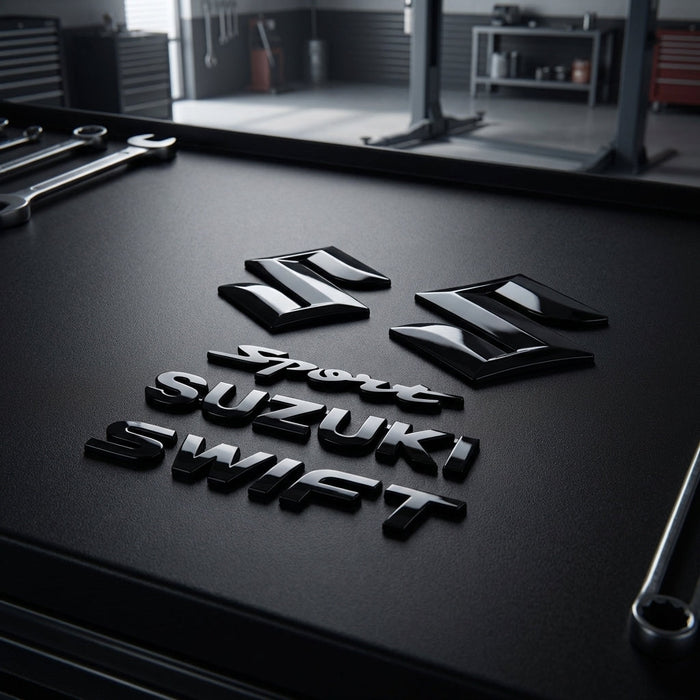 Complete set of glossy black front and rear Suzuki Swift Sport emblems arranged on a matte black background with dramatic side lighting emphasizing the sleek finish.