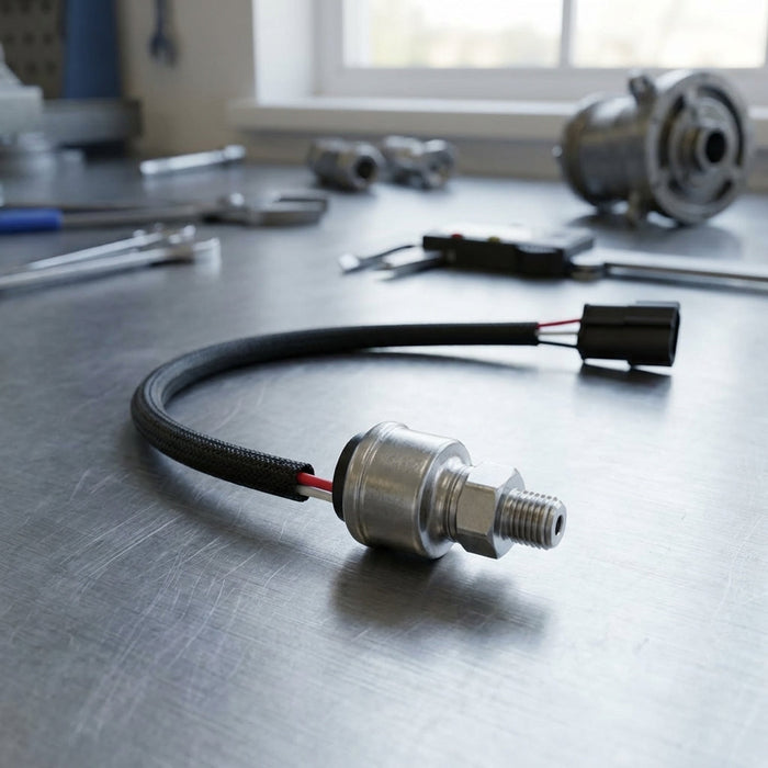 Close-up of a tiny fuel and oil pressure sensor with detailed threading, set on a textured metallic surface in a professional workshop setting.
