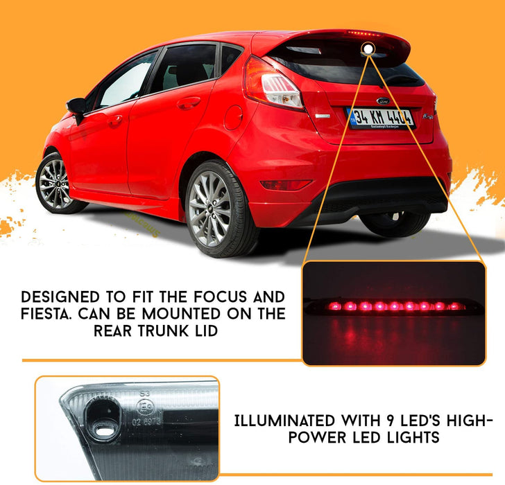 Smoke LED 3rd Third Stop Brake Light - High Mount Stop Light - Cargo Lamp Tail Light Waterproof Replacement for Ford Fiesta MK7 JA8 + Ford Focus MK3