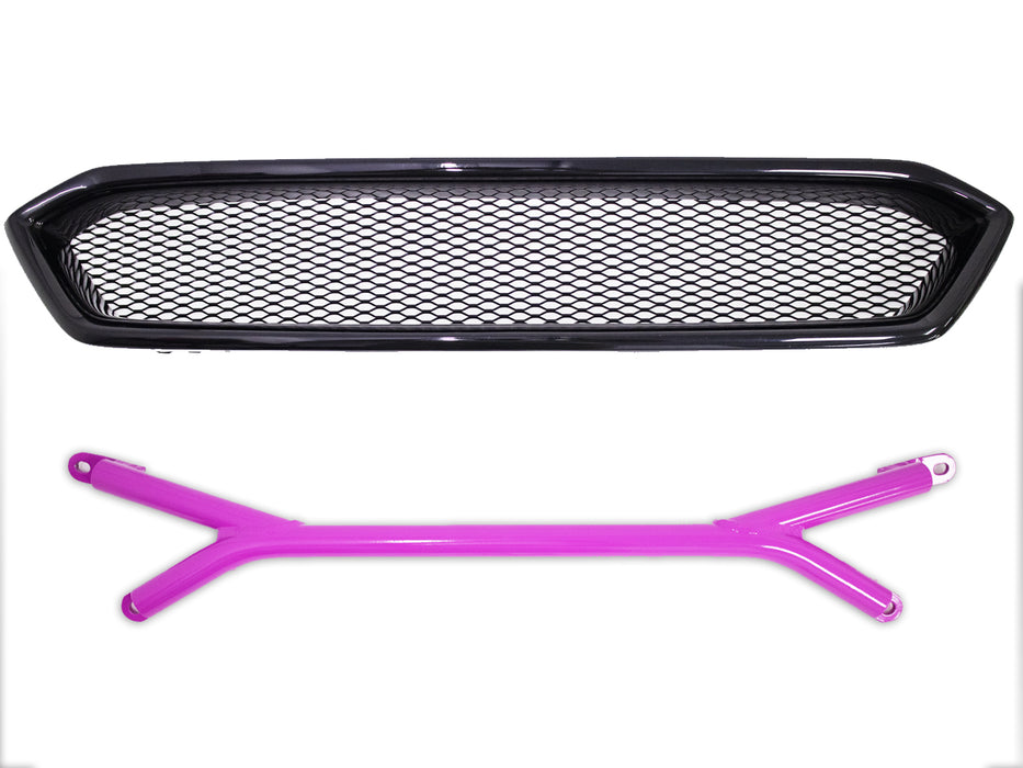 Front Mesh Grille + Aluminum Front Brace Bar For 2018-2021 Subaru WRX STI Pink